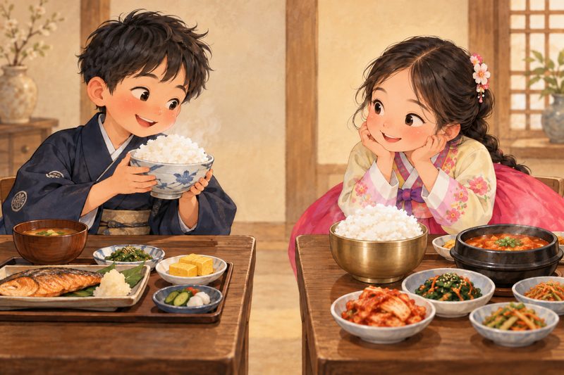 A Korean child and a Japanese child admiring each other’s rice
