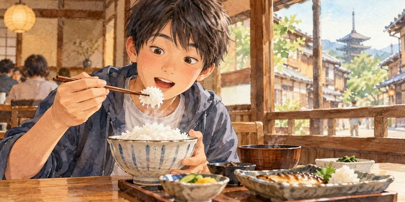 A boy enjoying a bowl of Japanese rice
